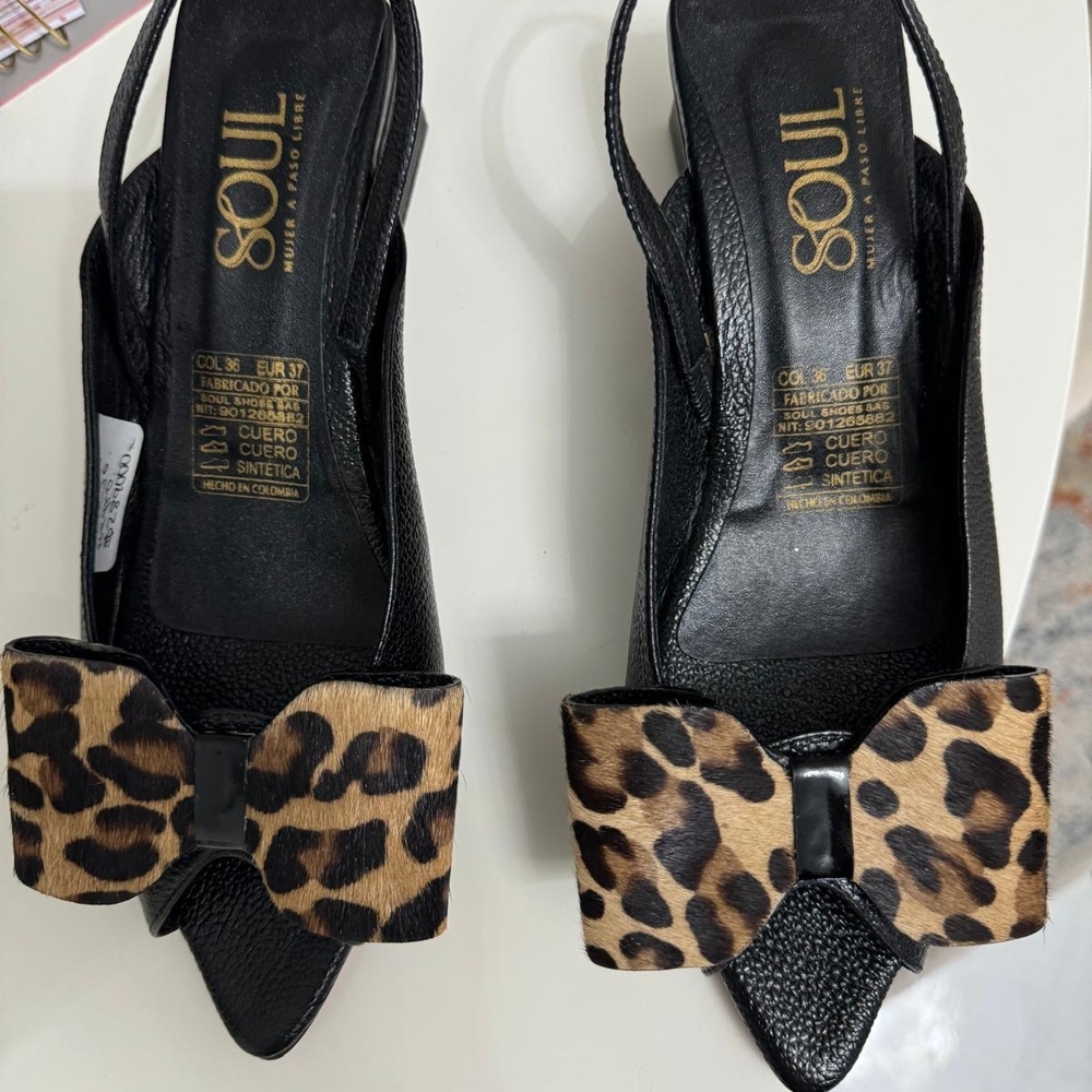 Soul Black Slingback Mules with Leopard Bow Accent